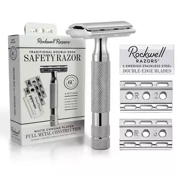 Бритва Rockwell Razors 6C, 6 регулируемых двухсторонних лезвий, безопасная бритва, для чувствительной кожи, 5 сменных лезвий для мужчин (Белый хром)