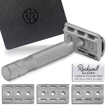 Бритва Rockwell Razors 6S из нержавеющей стали, 6 уровней чувствительности, 5 сменных лезвий [Сделано в США], регулировка, обоюдоострая бритва,