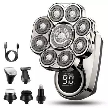 Бритва с плавающей головкой 9D, Съемные бритвы 6-в-1, Водонепроницаемая IPX7 для влажного/сухого бритья, Интеллектуальный светодиодный дисплей, Перезаряжаемая беспроводная One Size