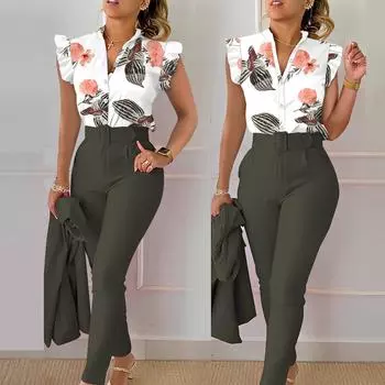 (Бризанд) Комплекты из двух предметов, женские наряды, элегантный офисный женский однобортный топ с короткими рукавами, рабочие брюки, повседневный костюм S армия зеленый