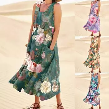 (Бризанд) Модное летнее повседневное удобное хлопковое платье без рукавов с цветочным принтом и карманным пляжным платьем для женщин S розовый