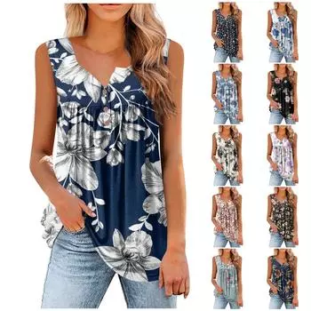 (Бризанд) Женская мода с цветочным принтом плиссированная повседневная футболка без рукавов жилет на пуговицах S красный