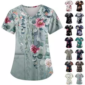 (Бризанд) Женская модная рабочая форма с принтом и карманной футболкой с коротким рукавом