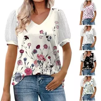 (Бризанд) Женские повседневные свободные рубашки с v-образным вырезом и короткими рукавами, топы с пышными рукавами, футболки