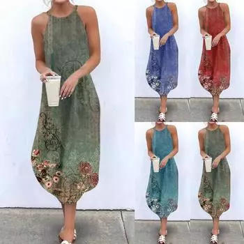 (Бризанд) Женское повседневное сексуальное платье с принтом, модное свободное платье миди без рукавов с круглым вырезом