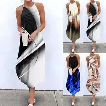 (Бризанд) Женское повседневное сексуальное платье с принтом, модное свободное платье миди без рукавов с круглым вырезом