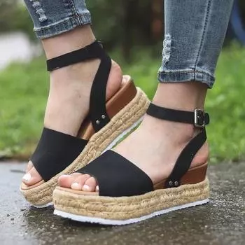 БРЮКИ Женские модные повседневные леопардовые сандалии на платформе с открытым носком на танкетке, обувь 35 чёрный