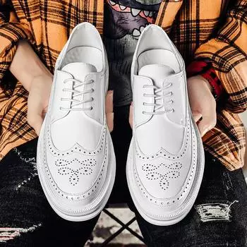 Brock flower men s shoes new British style breathable retro leather shoes men s business platform white casual shoes men 38 белый