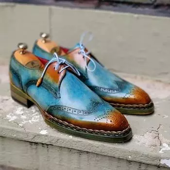 Brogue Shoes for Men Mixed Colors Lace Up Fashion Party Mocasines Pu Leather Men Casual Shoes Zapatos Hombre Chaussure Homme 38 синий