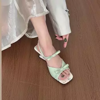 Broken flower square head fairy style with skirt slope heel one-word slippers, new summer wear pink women s cool slippers 35 чёрный