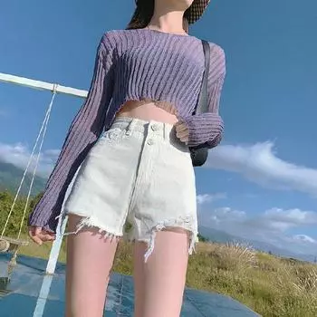 Broken Hole Denim Small Shorts Women S High Waist Loose Thin Shorts A-Line Wide Leg Pants New Hot Pants S белый