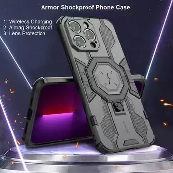 Бронированный противоударный чехол для телефона для iPhone 15 Plus Pro Max, бампер для беспроводной зарядки для iPhone 14 Pro Max Plus, чехол-подставка, кольцо для защиты объектива камеры iPhone 14 Pro Max чёрный