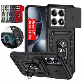 Бронированный противоударный защитный чехол для камеры со слайдер-объективом для Xiaomi 14T Pro Mi14T 14 T с магнитным кольцом-держателем, задняя крышка, чехлы For Xiaomi 14T Pro чёрный