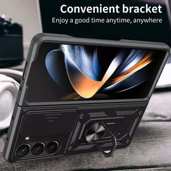 Броня противоударный чехол для Samsung Galaxy Z Fold 6 5 4 3 5G чехол с кольцом магнитный держатель металлическая подставка Foldbale For Samsung Z Fold 4 чёрный
