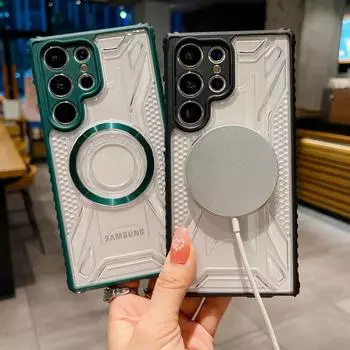 Броня противоударный чехол для телефона Magsafe для Samsung S24 Ultra S23 Plus FE S20 S21 A15 A25 A35 A55 A14 A34 A54 Прозрачная подушка безопасности Задняя крышка с беспроводной зарядкой for Samsung S23 чёрный