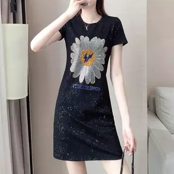 Bronzing T-shirt Skirt Elegant Slim Looking Bright Silk Little Daisy Black M (40.00 kg-45.00 kg