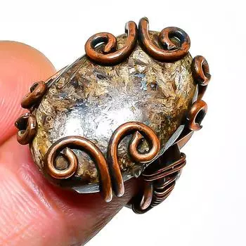 Кольцо из медной проволоки с драгоценным камнем бронзит, размер 4