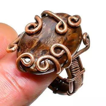 Кольцо из медной проволоки с драгоценным камнем бронзит, размер 9