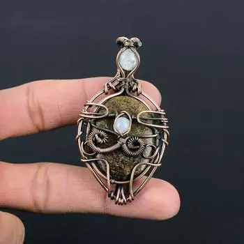 Подвеска из бронзита и лунного камня ручной работы из чистой медной проволоки на День памяти 2.56 Inches зелёный