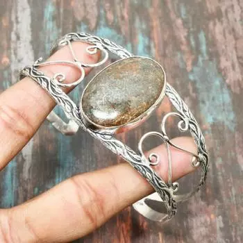 Бронзитовый драгоценный камень ручной работы из стерлингового серебра 925 пробы, регулируемый ювелирный браслет для нее Adjustable зелёный