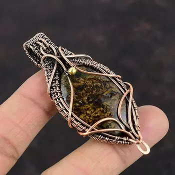 Бронзитовый медный кулон, кулон в проволочной обертке, кулон ручной работы, ювелирные изделия из медной проволоки, кулон из натурального драгоценного камня, подарок для нее, антикварный кулон