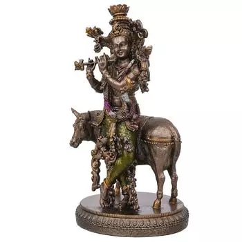Бронзовая отделка идола Господа Кришны, играющего на флейте, со статуей коровы для декора комнаты для пуджи, дома, гостиной, офиса - идеальный подарок для преданных индуистов,