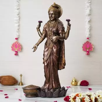 Бронзовая статуя богини Лакшми, стоящей на цветке лотоса с горшком для денег, декоративная статуя - украшение для дома, офиса и комнаты для пуджи