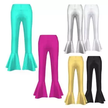 Бронзовые тканевые расклешенные брюки с высокой талией, детская одежда для танцев для девочек, сценический костюм, длинные брюки-клеш с рюшами на подол 5-6 Years белый