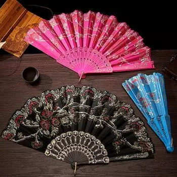 Бронзовый складной веер с золотым блеском, элегантный пластиковый ручной веер с цветочным узором для женского танцевального декора зелёный