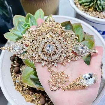 Брошь большого размера, брошь золотого цвета или ожерелье, кулон, полый цветок, кристалл, свадебные украшения белый