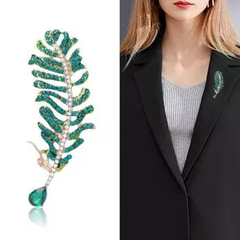 Брошь Булавка Перо Стразы Ювелирные Изделия Блестящий Лист Брошь Аксессуары Для Одежды зелёный