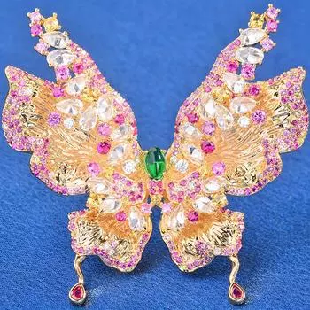 Брошь-булавка в виде бабочки в виде розового кристалла со стразами, броши в золотых тонах, ювелирные изделия в подарок