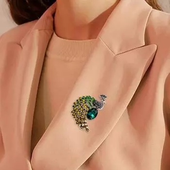 Брошь-булавка в виде павлина, цветной аксессуар со стразами, гальваника, долговечная брошь с лацканами, декор одежды зелёный