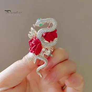 Брошь для пиджака, блестящие стразы, булавка в форме змеи с декором в виде розы, свитера, шляпы, сумки, значок, повседневная одежда, аксессуары для вечеринок красный