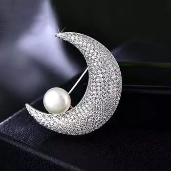 Брошь Full Diamond Moon Feminity Pearl Corsage Niche Design Sense Pin Anti-Light Suit And Accessories