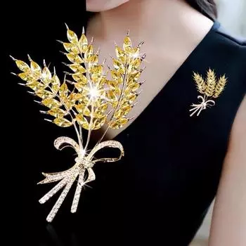 Брошь Golden Paddy с бриллиантами, медные броши из пшеницы, модная брошь с кристаллами, булавки для шарфа