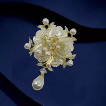 Брошь Guofeng Natural Shell Cherry Blossom, женские аксессуары, тяжелая промышленность, элитная, роскошная, атмосферная, универсальная, булавка, женское украшение Cheongsam Electroplated real gold белый