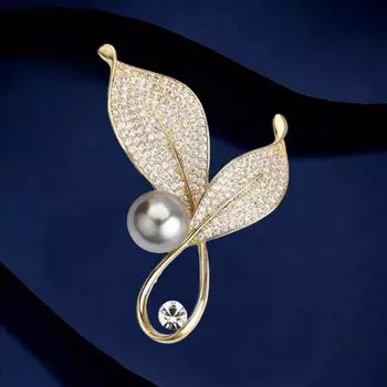 Брошь из меди премиум-класса с сохранением цвета и листьями из циркона, серая жемчужина, темпераментный блейзер, аксессуары, булавка