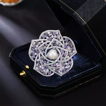 Брошь премиум-класса «Камелия» с микроинкрустацией из циркона и натурального пресноводного жемчуга, роскошная брошь «Темперамент», булавка для пальто и костюма синий