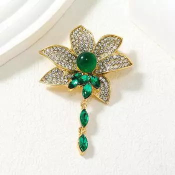 Брошь Роскошный Национальный Стиль Изумруд Лотос Кисточка Брошь Аксессуары Брошь Анти-Светоотражающая Булавка