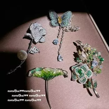 Брошь «Роза» с винтажным покрытием из 18-каратного золота с градиентом зеленого листа лотоса Цирконовая брошь