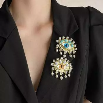 Брошь с бахромой из преувеличенных бриллиантов и жемчуга в стиле ретро, булавка для глаз, винтажные аксессуары для корсажа белый