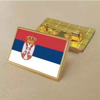 Брошь с флагом Сербии 2,5*1,5 см, сплав цинка, литье под давлением, ПВХ, цветная печать, покрытие, золотой прямоугольник