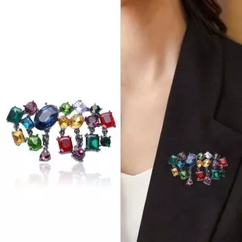 Брошь с инкрустацией стеклянными стразами, элегантная брошь в кардигане с геометрическим рисунком, булавка для свитера, свадебная вечеринка, ювелирное изделие, подарок разноцветный