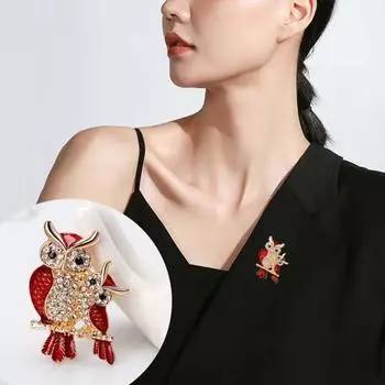 Брошь со стразами в виде совы, сверкающая, элегантная, изысканная, роскошная, винтажная, с лацканом делового костюма красный