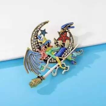 Брошь «Ведьма, сидящая на Луне» Винтажная забавная булавка на Хэллоуин Бриллиантовые аксессуары для костюмов