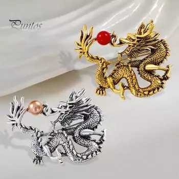 Брошь в китайском стиле со знаком зодиака Дракон, декор из искусственного жемчуга, булавка для весеннего фестиваля, мультяшная форма животного, костюм, отворот, шляпа, сумка, значок синий