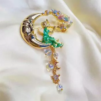 Брошь в стиле ретро «Фэнтези» с эмалевой бахромой и цветной глазурью зелёный