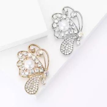 Брошь в виде бабочки из сплава со стразами и жемчугом, изысканная, для женского костюма, пальто, корсаж, ювелирное украшение