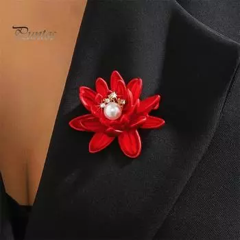Брошь в виде цветка лотоса со стразами, искусственный жемчуг, украшение для костюма, пальто, воротника, шляпы, шарфа, прищепка, ювелирные изделия для выпускного бала красный